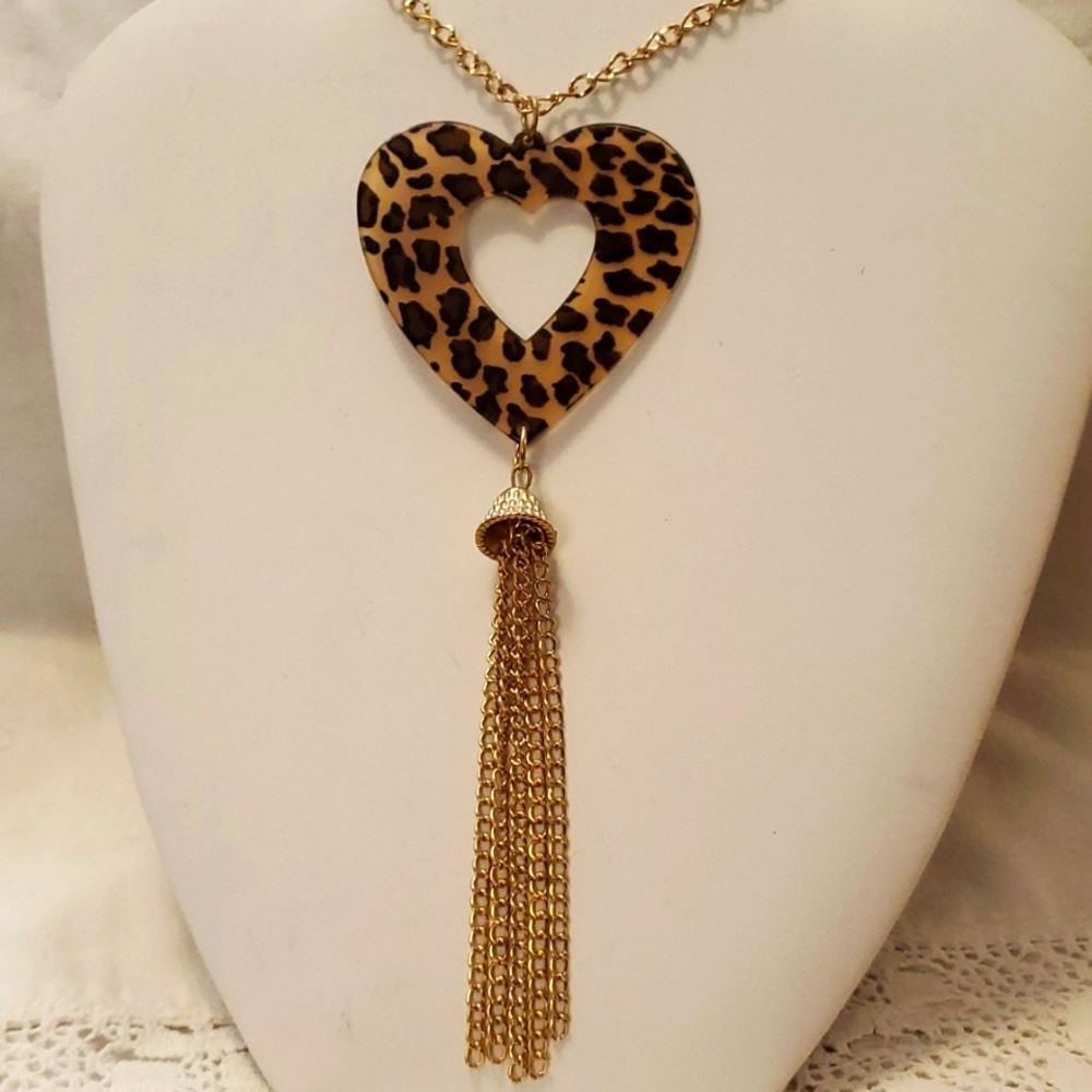 Leopard Heart Tassle Necklace
